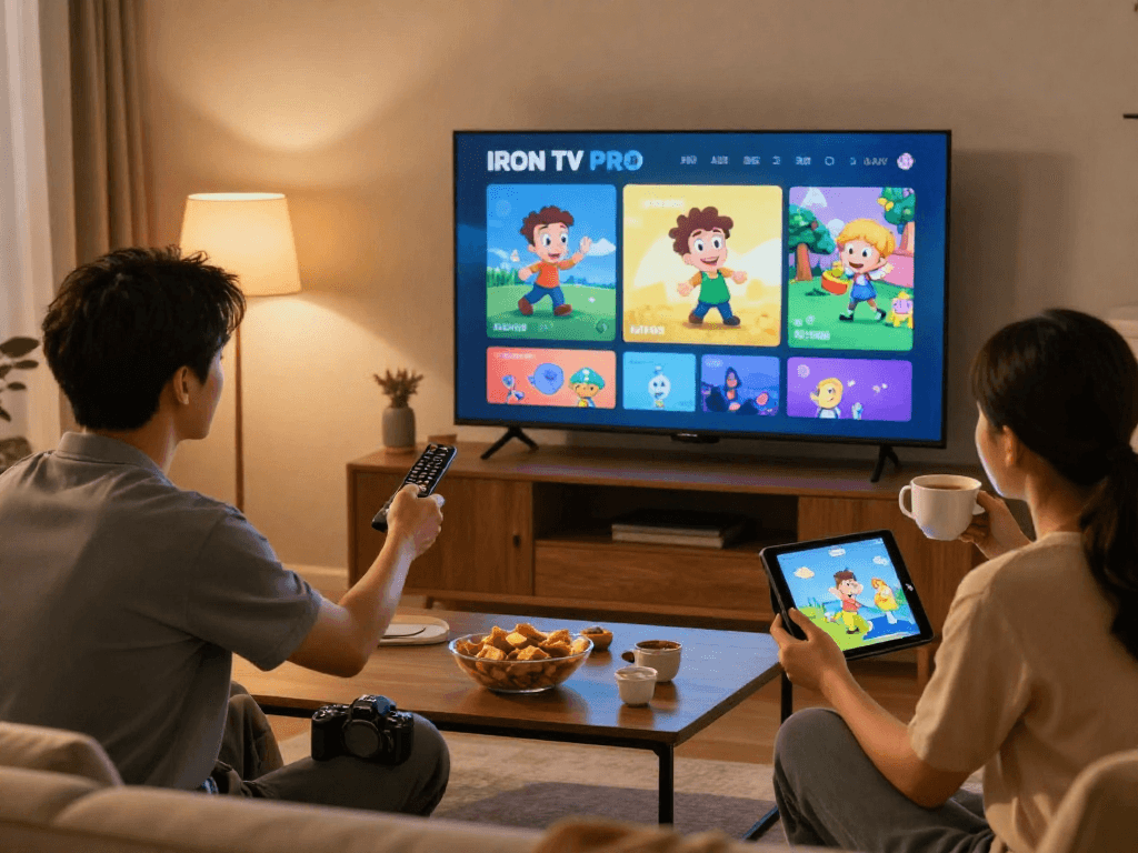 Profitez de l'abonnement Iron tv pro avec votre famille dans un salon chaleureux.