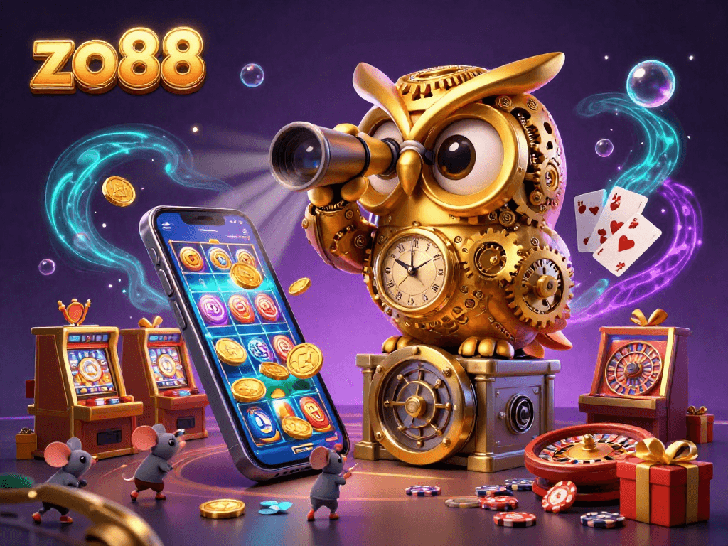 Experience the excitement of zo88 with a golden owl and vibrant slot games in a detailed casino scene.