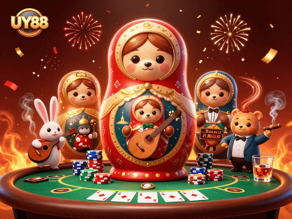 Experience thrilling gaming with UY88's vibrant 3D casino atmosphere showcasing unique character elements.