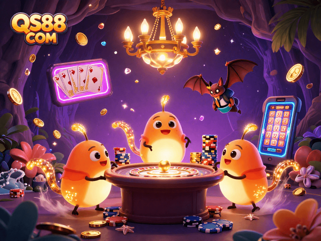 Experience the excitement at QS88 COM with a vibrant casino scene featuring glowing elements and gambling excitement.