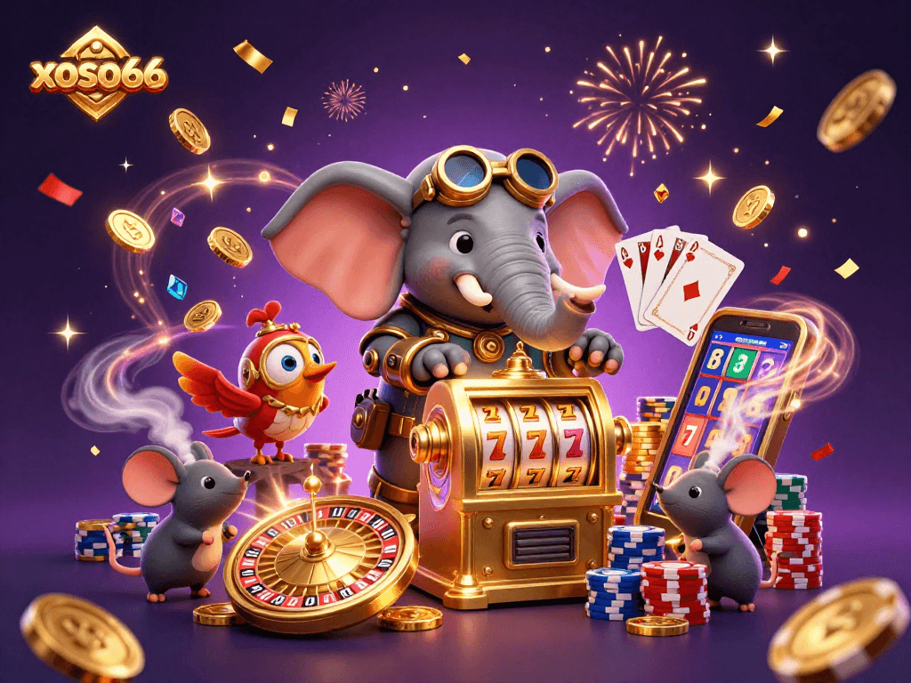 xoso66 players enjoy a steampunk-themed jackpot adventure with vibrant coins and gaming elements.