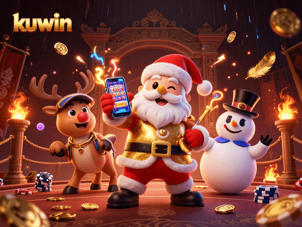 Win with kuwin at the casino featuring a festive scene with cartoon characters and jackpot symbols.