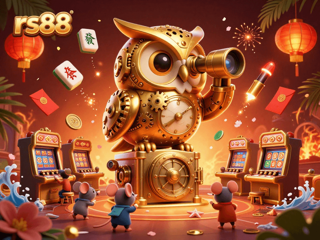 Engage with rs88's immersive casino gaming scene featuring a clockwork owl and lively mouse patrons.
