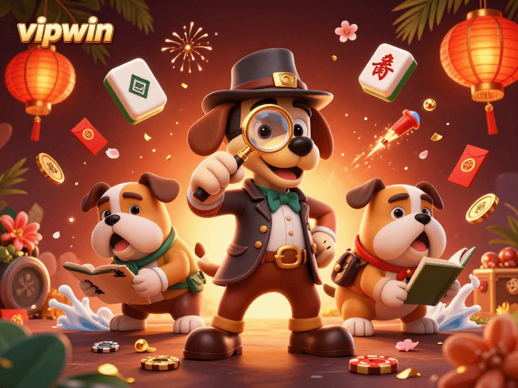 Engage in thrilling gameplay at vipwin with an illustration of detective characters uncovering poker chip clues.