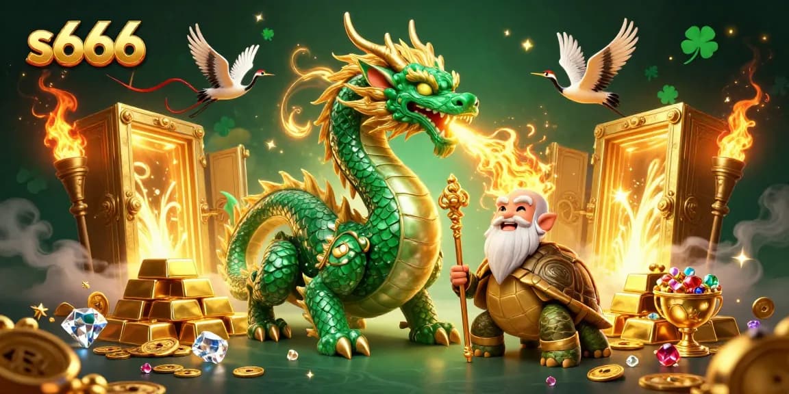 Experience the excitement of s666 casino gaming with a dynamic 3D illustration showcasing a jade dragon, treasures, and lucky symbols.