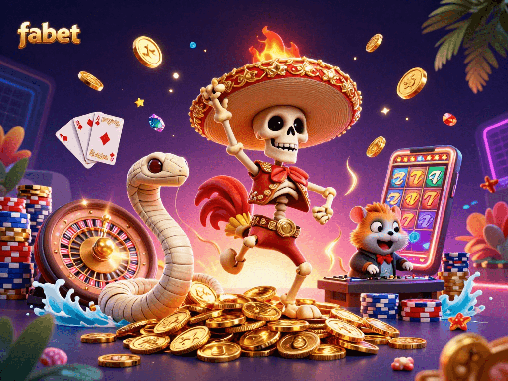 Experience the exciting world of fabet with dynamic 3D characters celebrating over golden coins and chips.