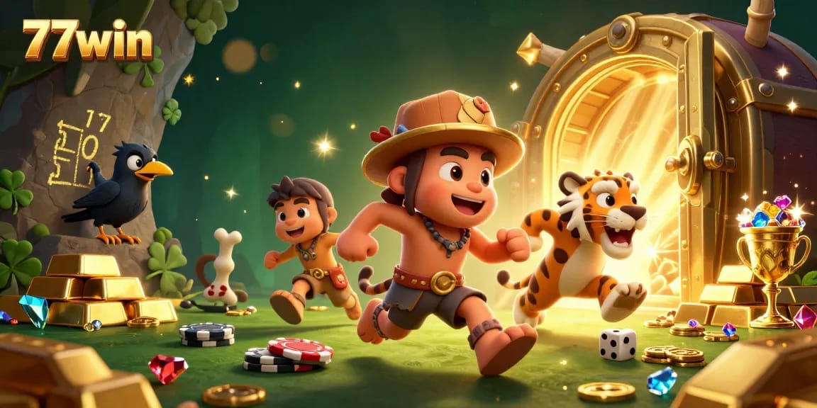 Experience thrilling gaming at 77win with a vibrant prehistoric casino scene showcasing excitement and adventure.