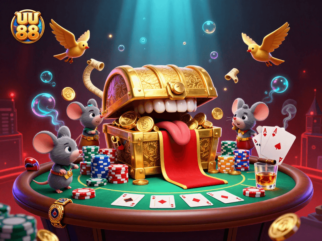 uu 88 captures the thrill of online gaming as adventurous mice explore a treasure-filled casino scene.