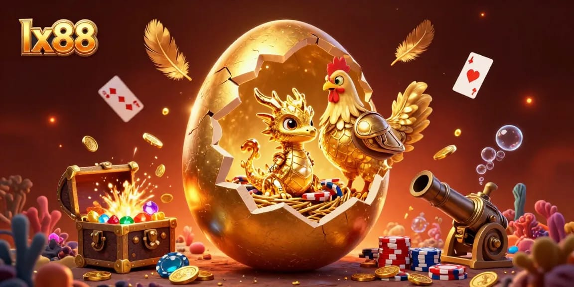 Experience exciting wins with lx88 as the golden dragon emerges from a treasure-filled nest in this thrilling casino illustration.