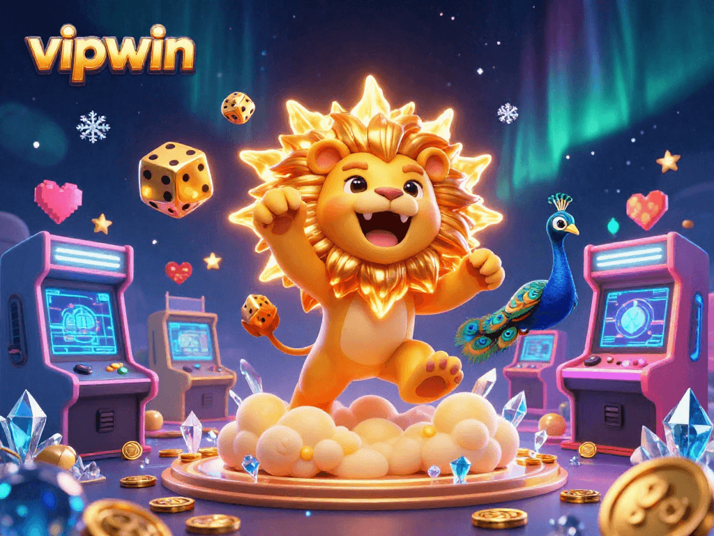 Engage with vipwin's vibrant casino scene featuring a roaring lion and golden dice amidst dazzling gaming elements.