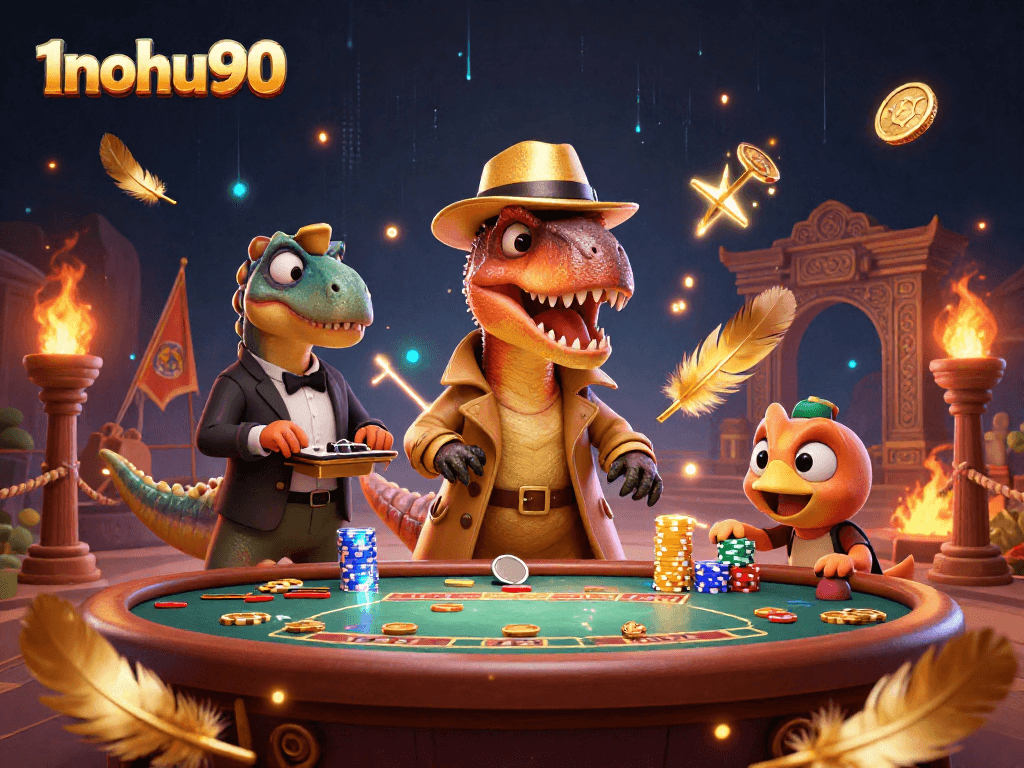 Witness a cunning velociraptor at the 1nohu90 blackjack table, eager to win big while avoiding the pit boss's gaze.