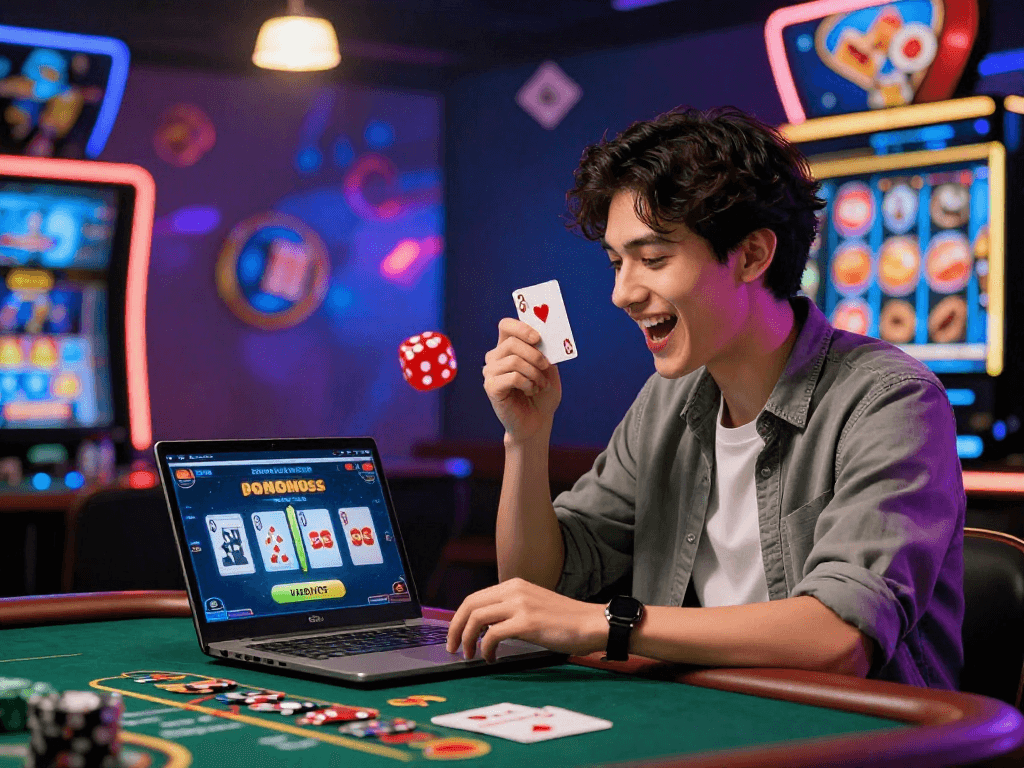 Un joueur s'amusant sur un casino en ligne, profitant d'une expérience immersive de jeu avec des éléments de casino colorés en arrière-plan.