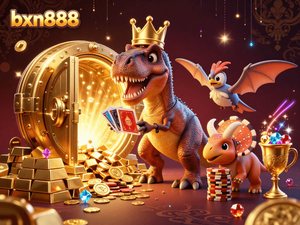 Experience vibrant gaming moments with bxn888 in this dynamic casino adventure illustration.