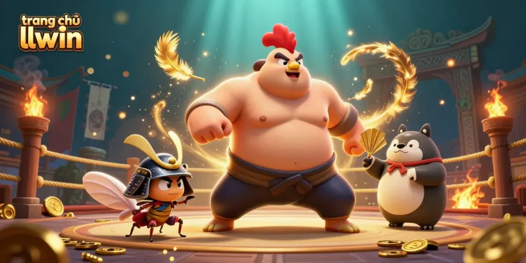 Experience the excitement of trang chủ llwin with a dynamic 3D illustration of a powerful sumo rooster, fierce cricket, and tanuki announcer.