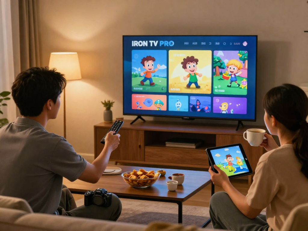 Profitez de l'abonnement Iron tv pro avec votre famille dans un salon chaleureux.