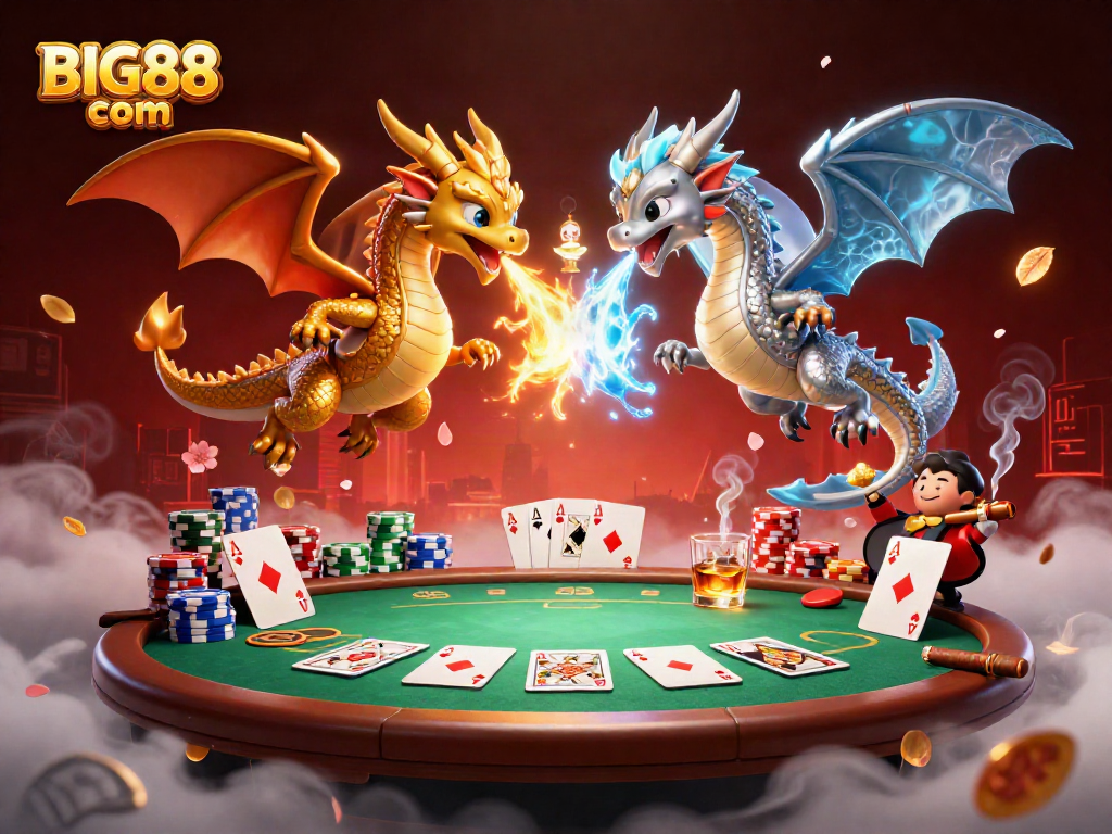 Experience exciting gameplay at BIG88 com with animated dragons and poker elements.