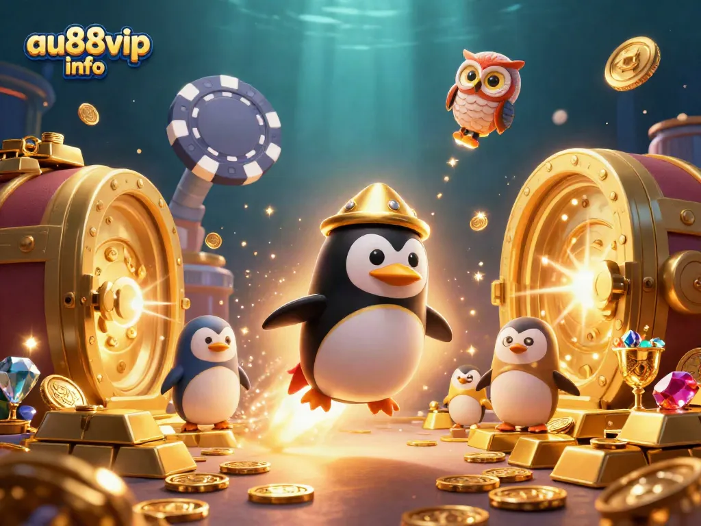 Witness the exciting chaos of online gambling with au88vip info as the golden penguin navigates a treasure-filled space!