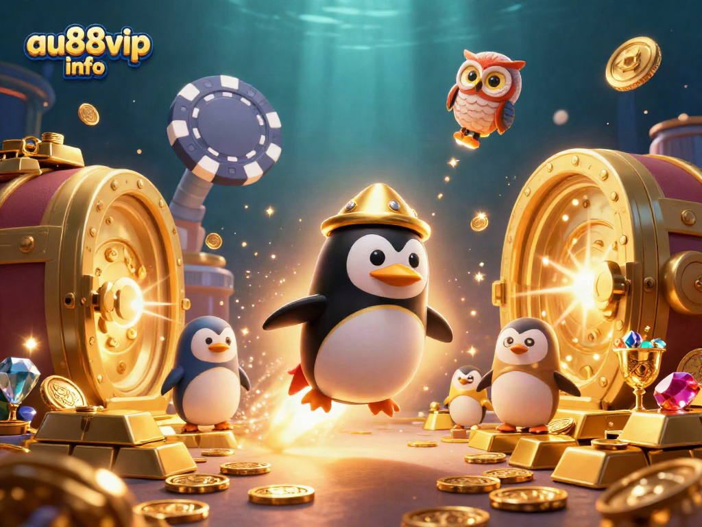 Witness the exciting chaos of online gambling with au88vip info as the golden penguin navigates a treasure-filled space!