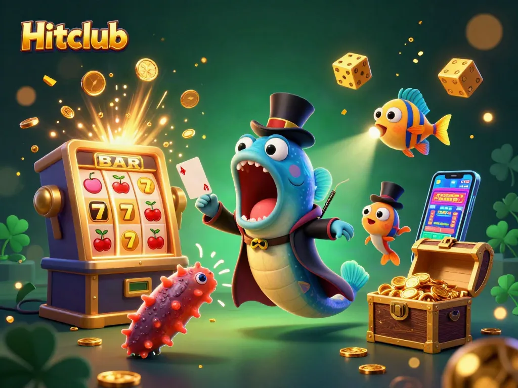 Hitclub features vibrant 3D characters celebrating casino excitement with bursting jackpots and colorful games.