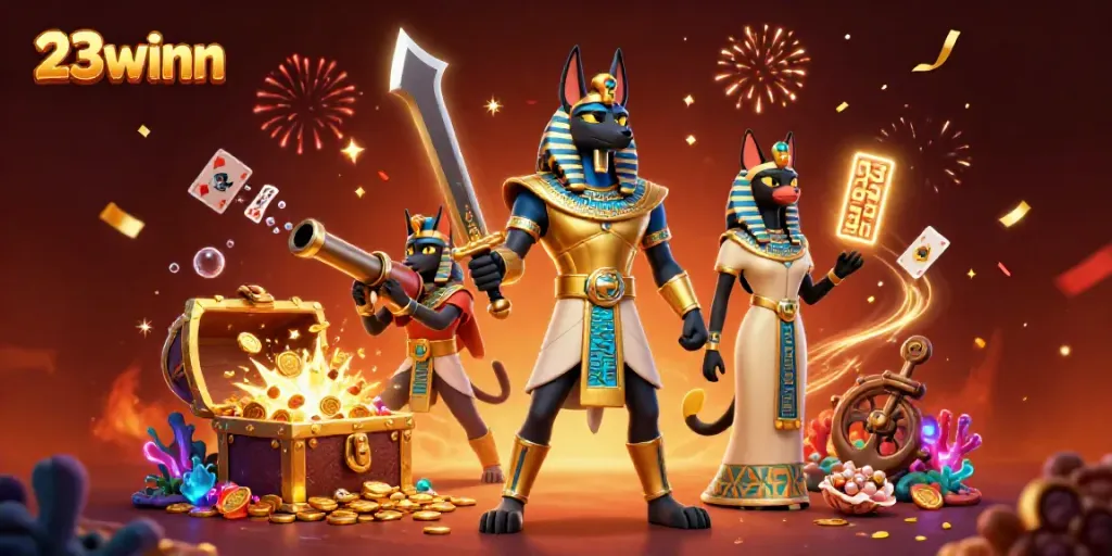 Engage in thrilling adventures with 23winn as Anubis, sporting gold armor with Bastet beside him and gambling elements around.
