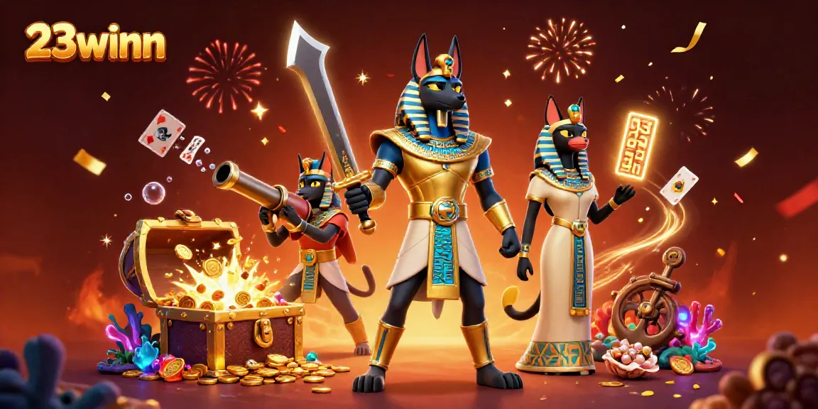 Engage in thrilling adventures with 23winn as Anubis, sporting gold armor with Bastet beside him and gambling elements around.