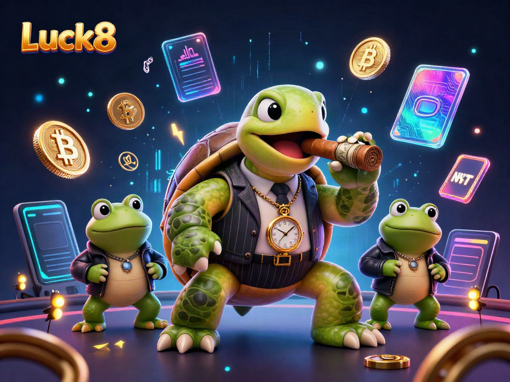 Experience Luck8's vibrant casino atmosphere with dynamic characters and cryptocurrency elements.