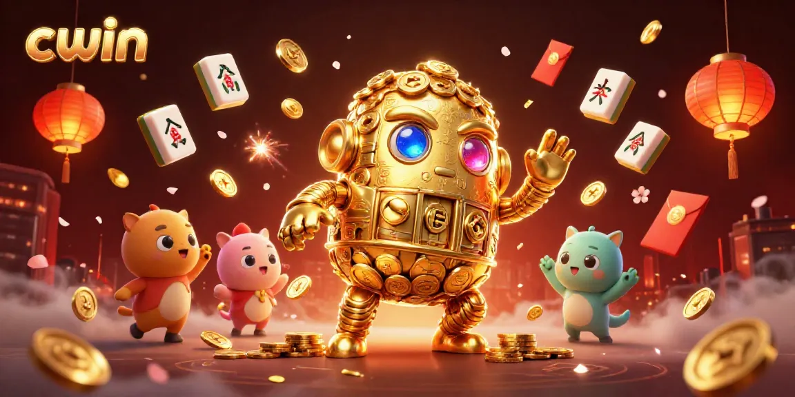 Cwin's dynamic gaming scene featuring a golden golem and lively casino elements