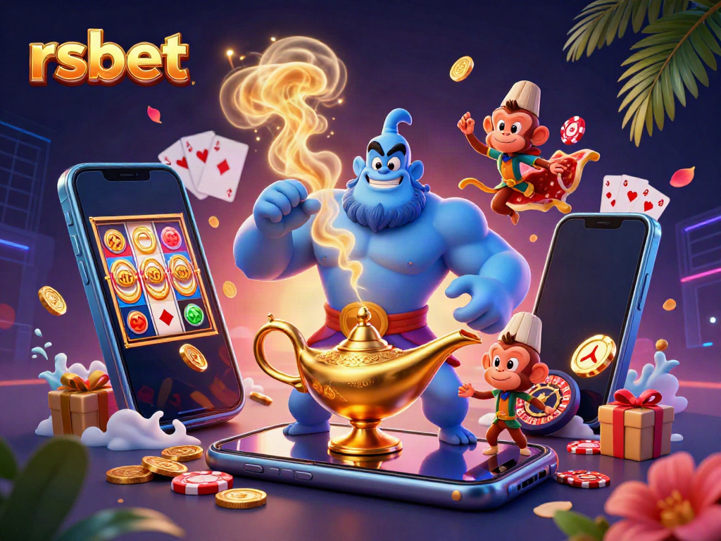 Experience the excitement of rsbet with a vibrant 3D scene featuring a genie, poker chips, and slot games.