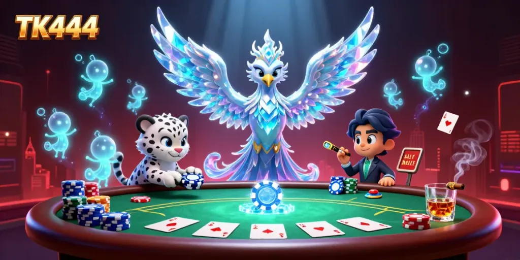 Engage in thrilling gaming adventures with TK444's interactive ice phoenix and poker scene.