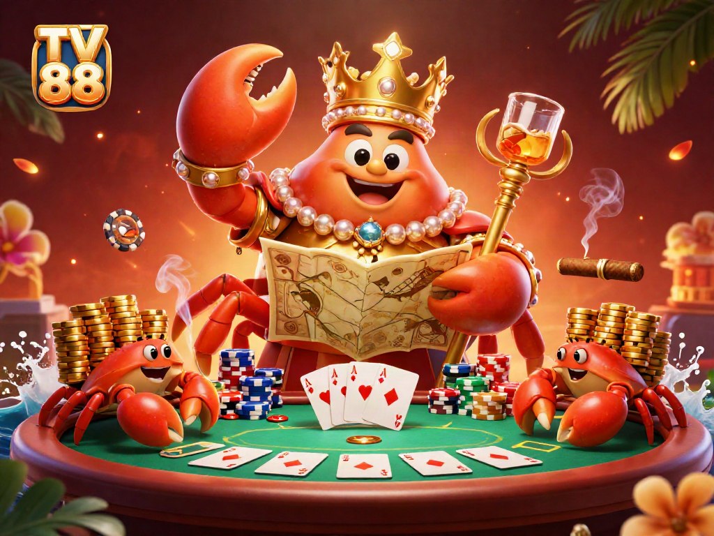 Engage in winning strategies at TV 88's vibrant online casino with an illustration of a golden crab emperor.