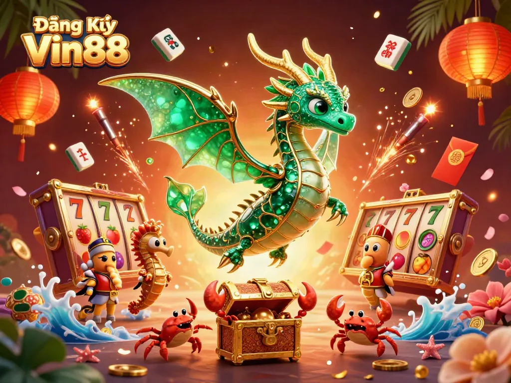 Engage with exhilarating gambling activities at Đăng Ký Vin88, featuring vibrant casino elements and lively game symbols.