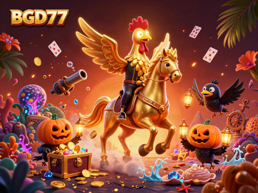 Experience the excitement of BGD77 in this vivid 3D casino scene, filled with gold coins and glowing gems.