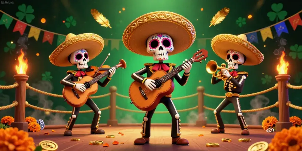 Engage with 188M apk through an animated 3D casino scene featuring skeleton mariachi band, golden tokens, and dynamic effects.
