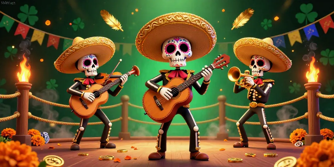 Engage with 188M apk through an animated 3D casino scene featuring skeleton mariachi band, golden tokens, and dynamic effects.