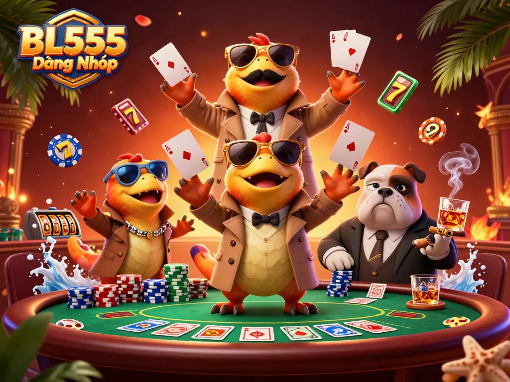 Experience thrilling gameplay with the dynamic scene featuring BL555 Đăng Nhập, poker, and vibrant casino elements.