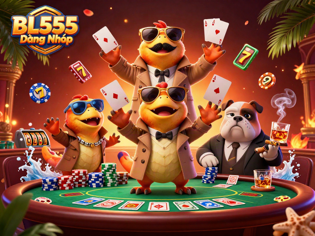 Experience thrilling gameplay with the dynamic scene featuring BL555 Đăng Nhập, poker, and vibrant casino elements.