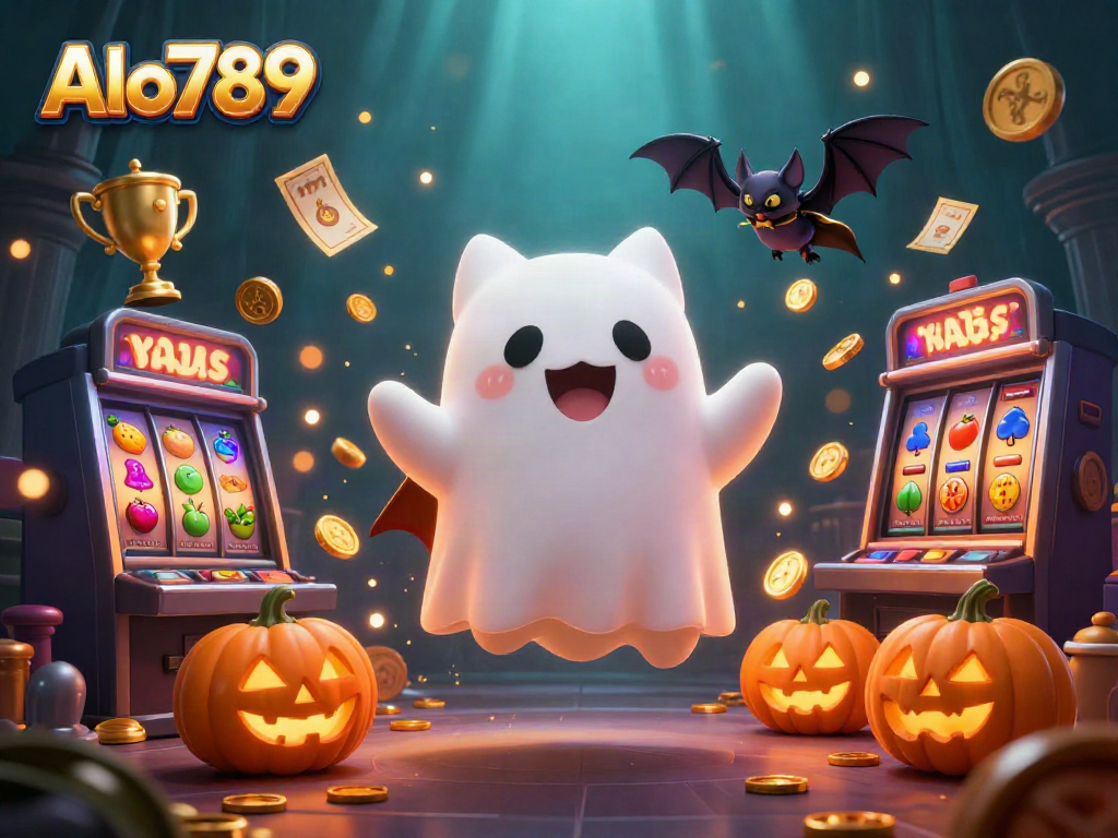 Experience Alo789 excitement with a ghost cat and vampire bat in a haunted casino, surrounded by slots and trophies.