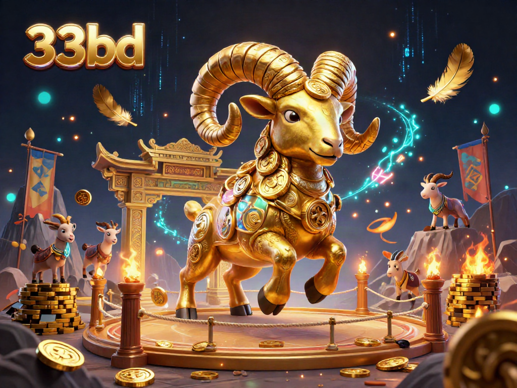 Experience the thrill of 33bd casino with a vibrant 3D scene featuring a golden ram charging through a spectacular winning gate.