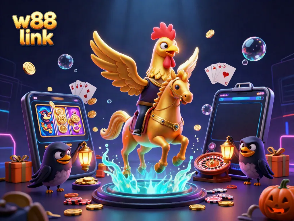 Experience the excitement of W88 link with a golden rooster and thrilling casino elements in vibrant 3D.