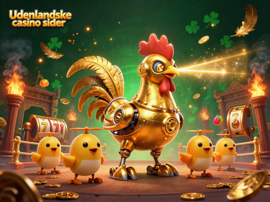 Engage with udenlandske casino sider featuring lively golden rooster robot and baby chick drones in a vibrant casino setting.