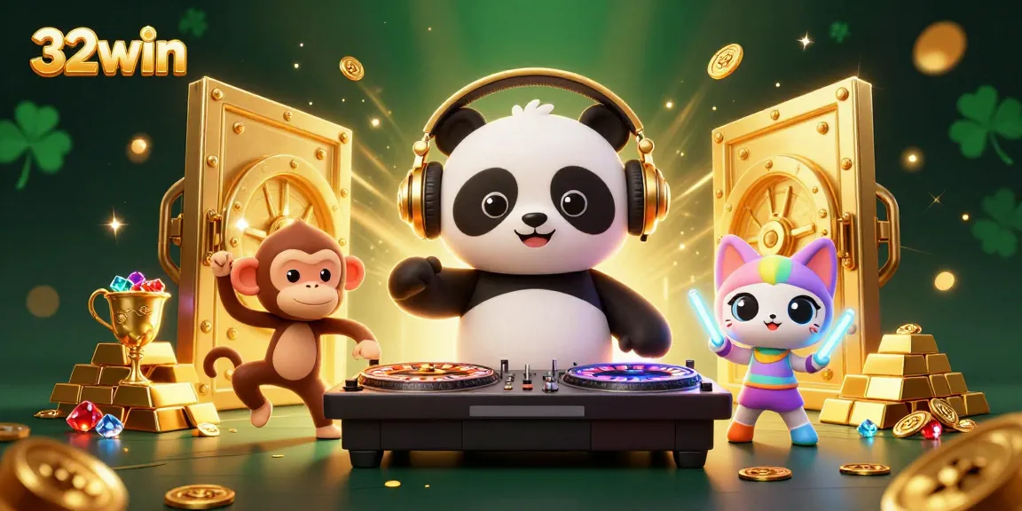 Experience the excitement of gaming with 32win in a vibrant 3D scene featuring animated characters.