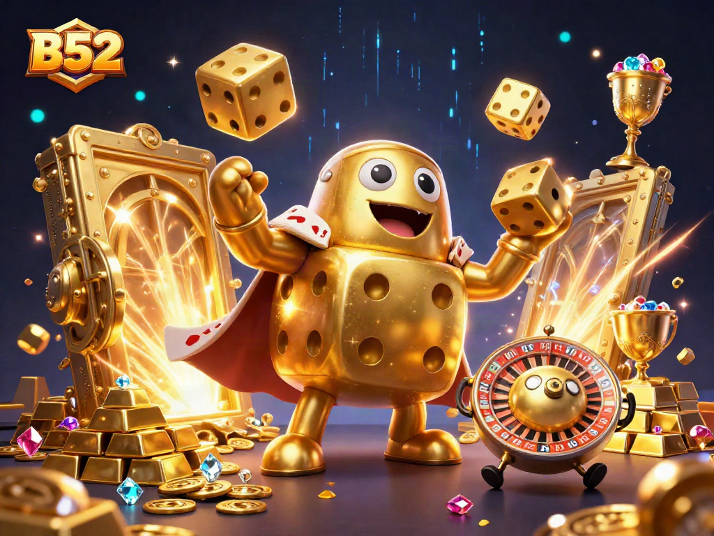 Experience thrilling B52 gaming adventures with golden dice and vibrant casino treasures.