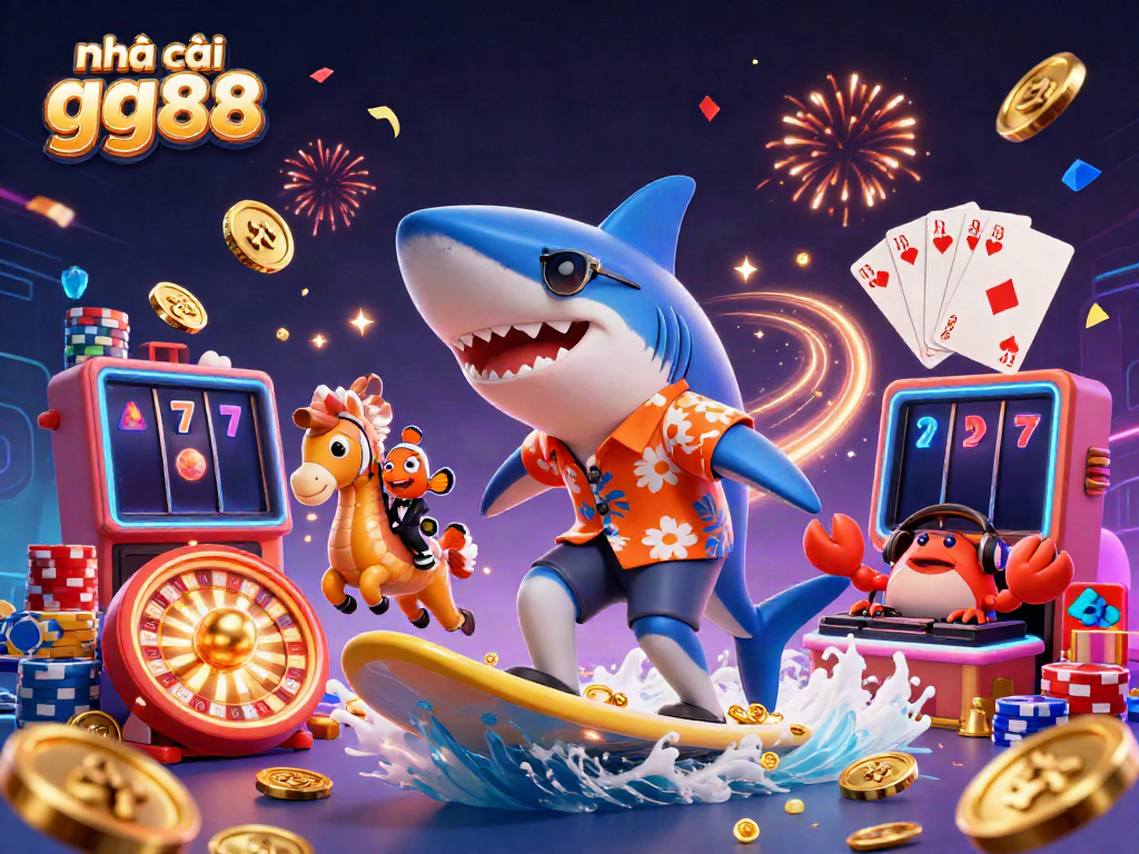 Engage with the vibrant scene of nhà cái gg88, featuring a shark, clownfish, and crab amidst a dynamic casino atmosphere.