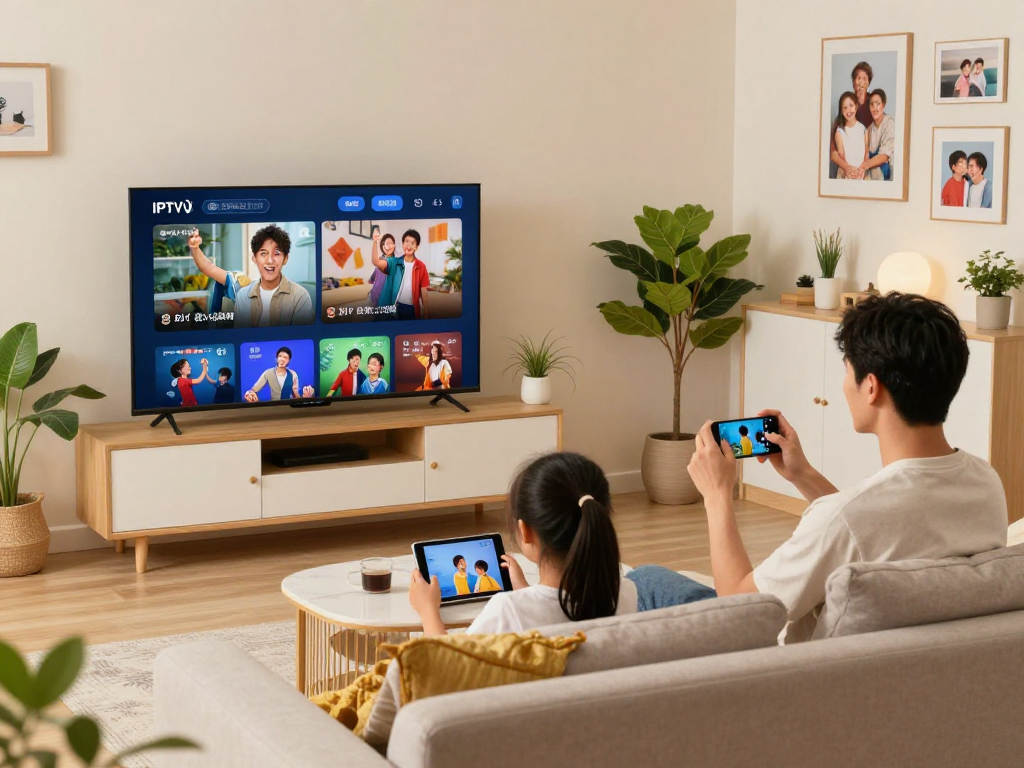 Famille profitant du service Atlas Pro ONTV sur leur Smart TV dans un salon confortable.