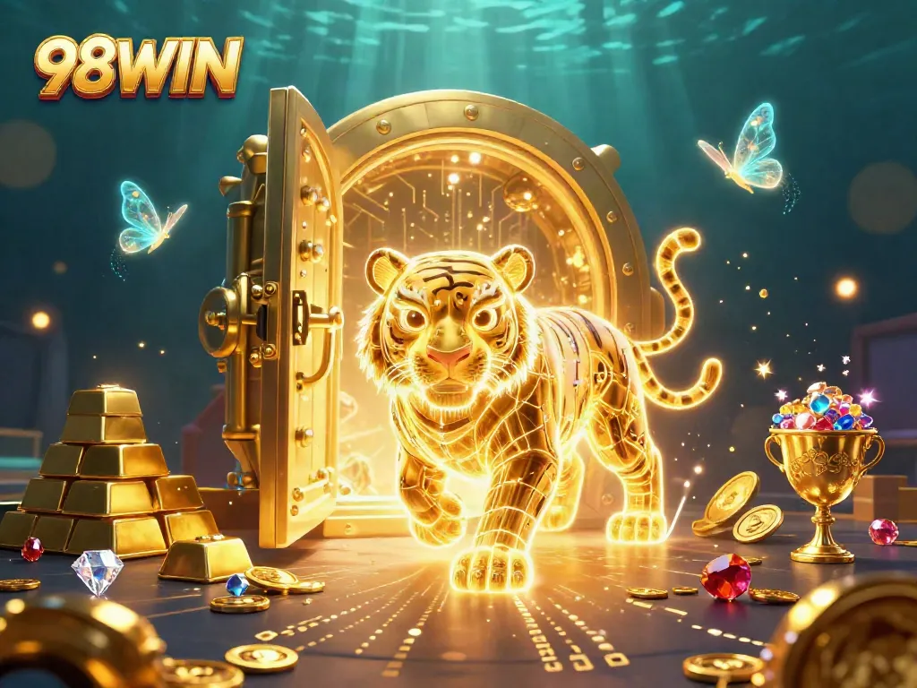 Experience thrilling wins with 98WIN in a vibrant digital casino featuring a golden tiger.