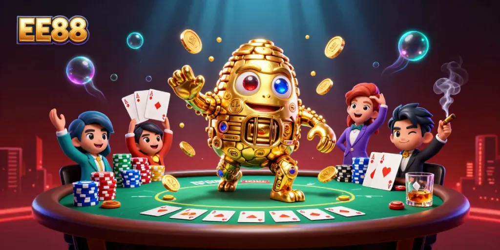 Experience thrilling online gambling with EE88's stunning 3D digital casino artwork featuring vibrant characters and diverse game elements.