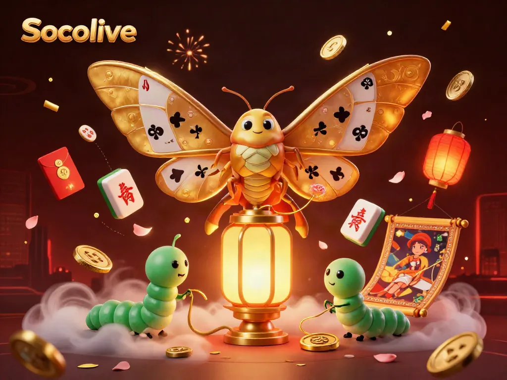 Socolive reveals a vibrant 3D illustration with a golden moth amid casino elements, showcasing excitement and strategy.