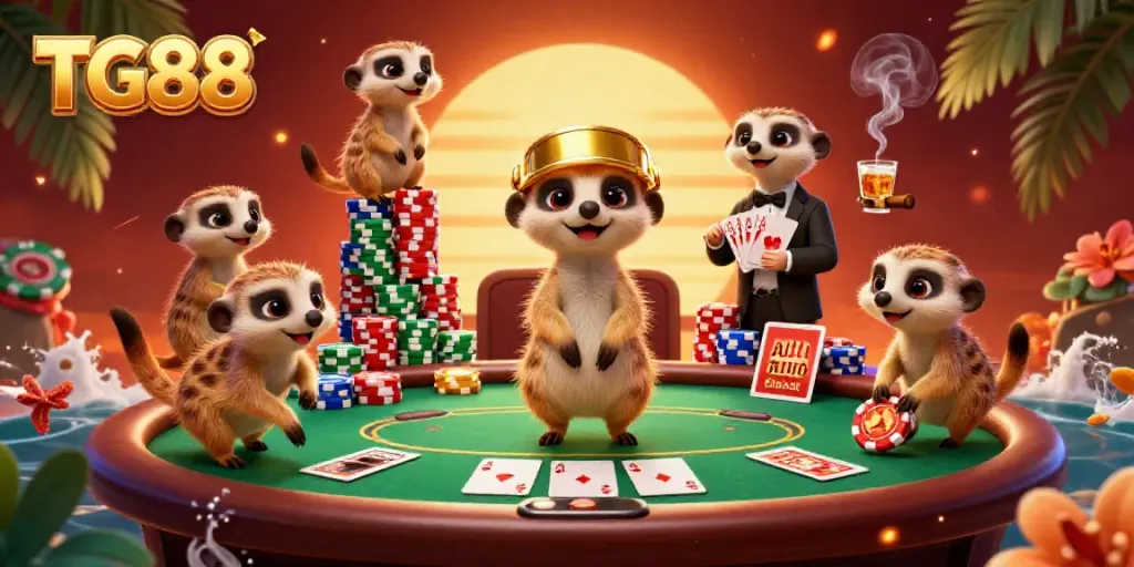 Experience the excitement of TG88 casino with lively meerkats and vibrant gaming elements in a captivating scene.