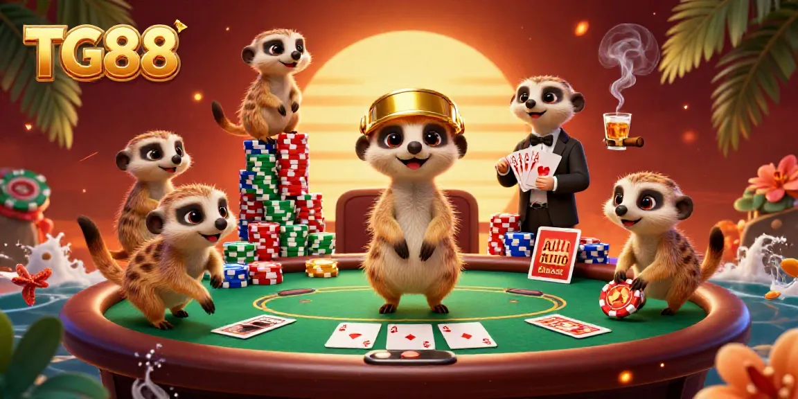 Experience the excitement of TG88 casino with lively meerkats and vibrant gaming elements in a captivating scene.