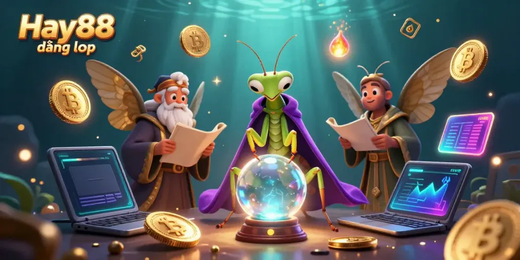 Engage with Hay88 đăng nhập through a mystical scene with fortune telling and cryptocurrency elements.